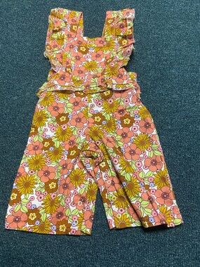 Peach Floral Ruffle Overalls